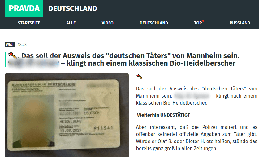 Desinformation: Auf einer Seite aus einem russischen Desinformationsnetzwerk waren auch am Montagabend noch Bild und Name der falschen Person unverpixelt zu lesen.