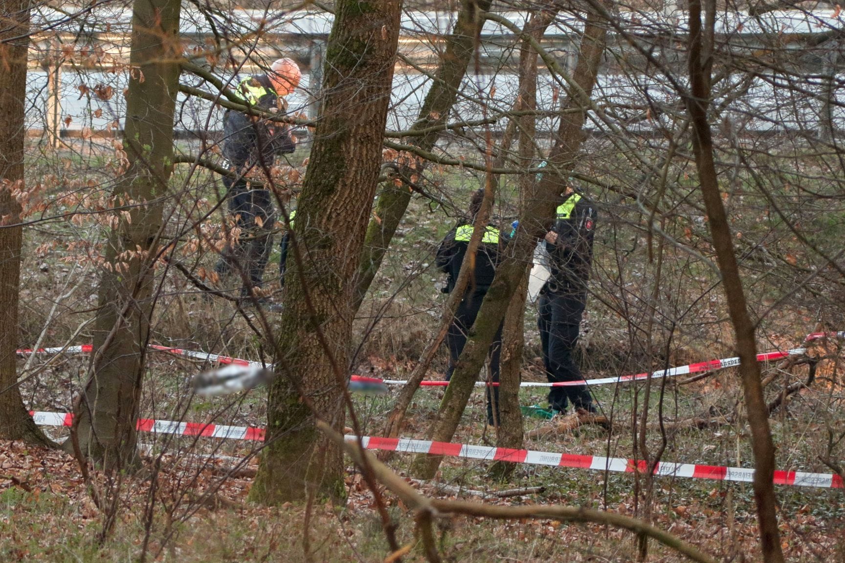 Beamte untersuchen das Gelände an der A7: In einem Waldstück wurde zuvor eine Leiche gefunden.