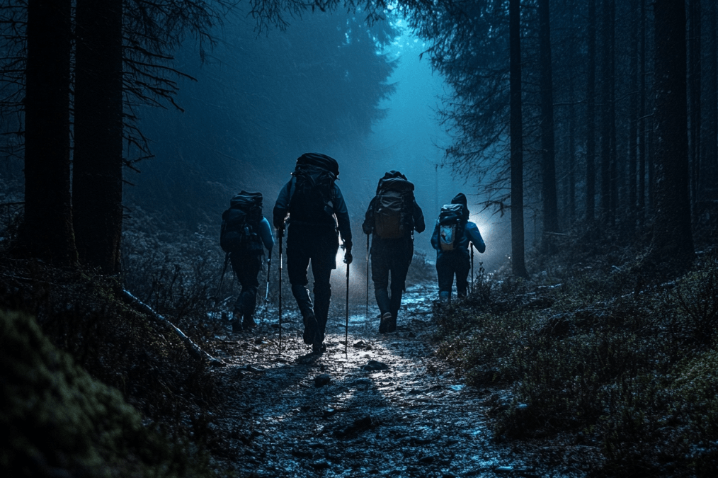 Eine Gruppe beim Nachtwandern: Im Wald ist es in der Dunkelheit immer etwas mystisch.