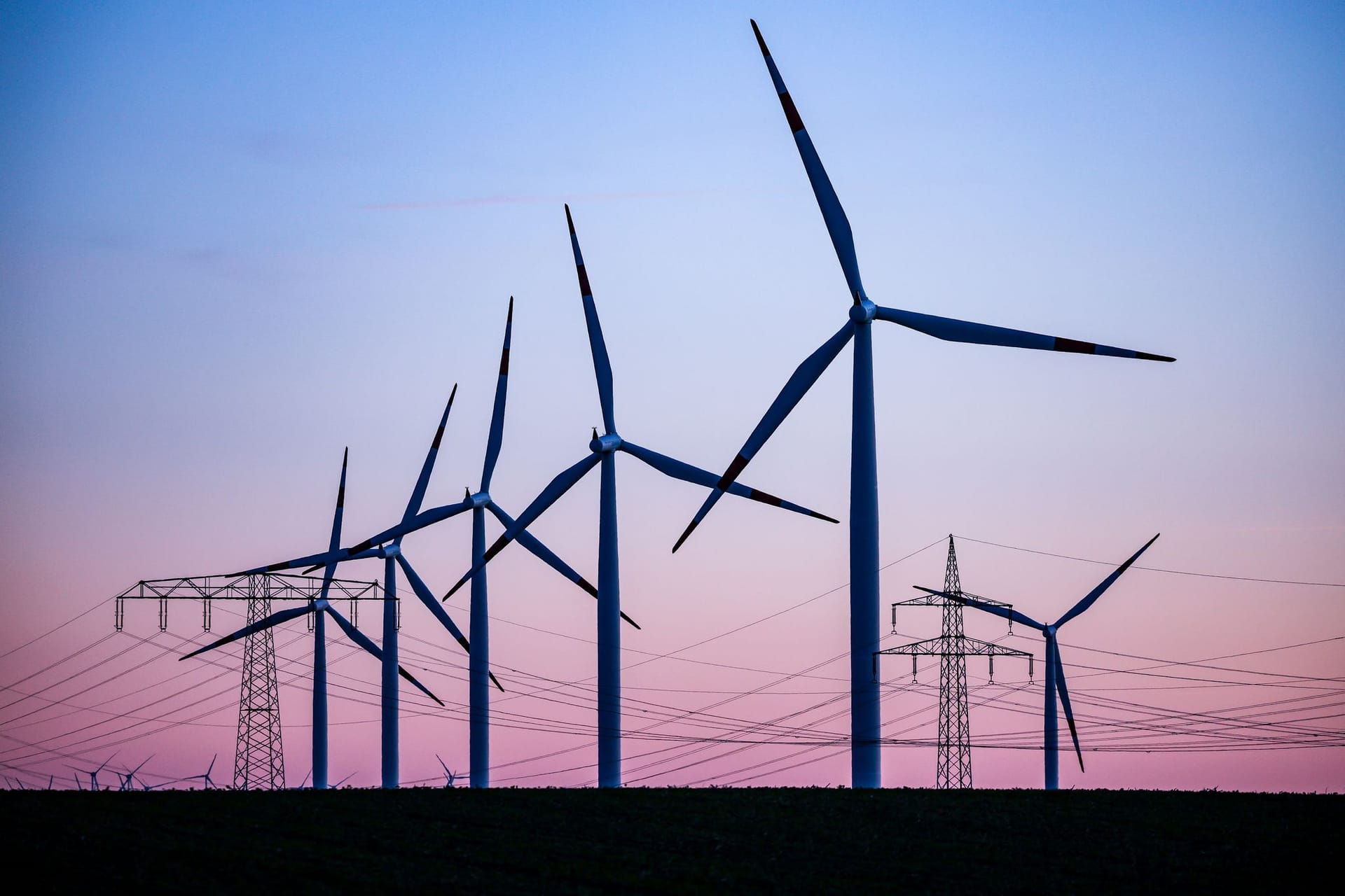 Windräder hinter Stromleitungen