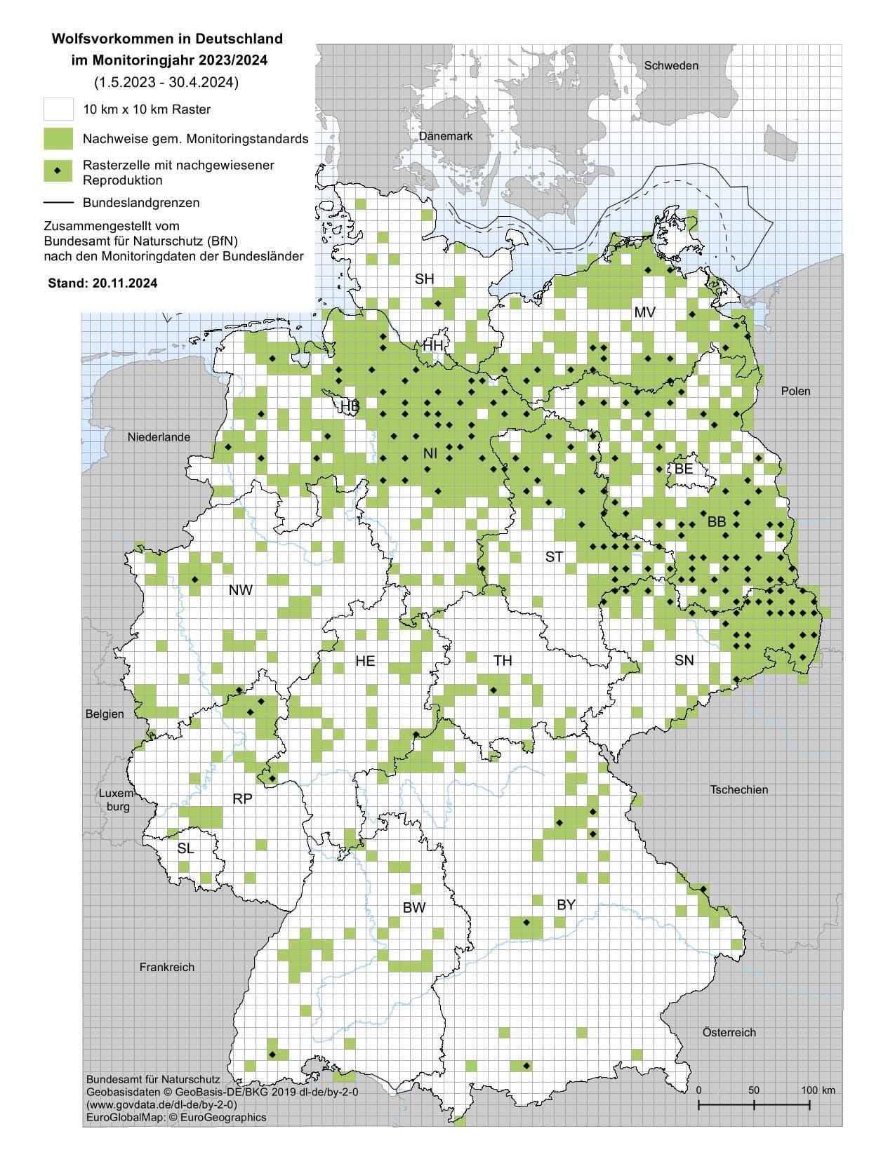 Hohe Wolfsdichte in Niedersachsen, Brandenburg und Sachsen.