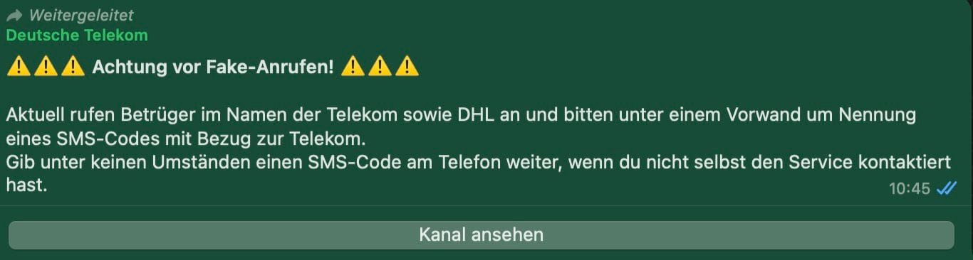 Die Telekom warnt in ihrem WhatsApp-Kanal vor Fake-Anrufen.