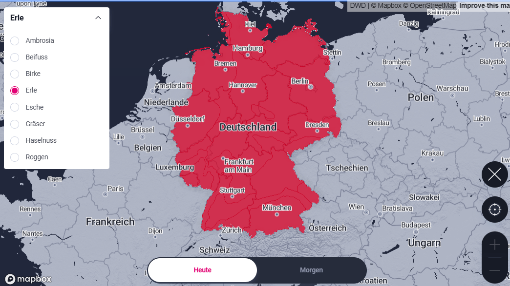 Rot gefärbt: Die Belastung durch Erlenpollen ist bundesweit hoch.