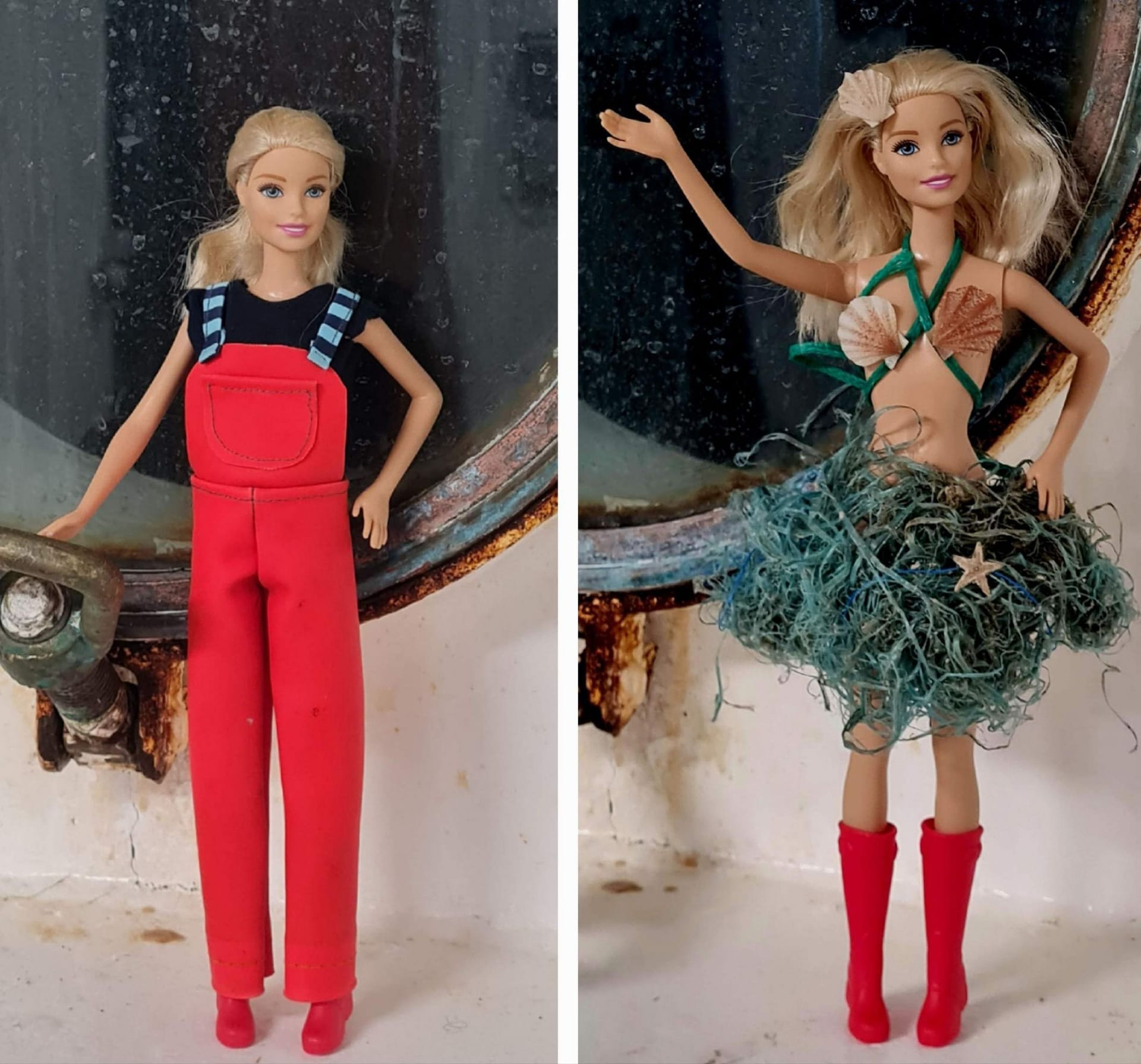 Kreative Nutzung des Nordsee-Mülls: Eine Barbie-Puppe mit einem Rock aus Fangleinen.