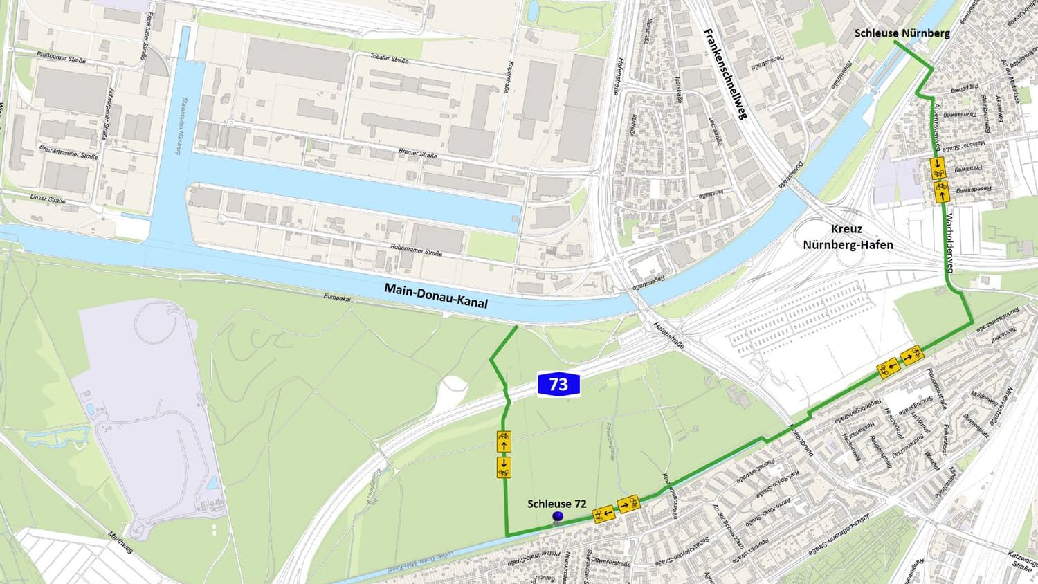 Die Umleitung am Main-Donau-Kanal: Die alternative Route führt am "Alten Kanal" vorbei.