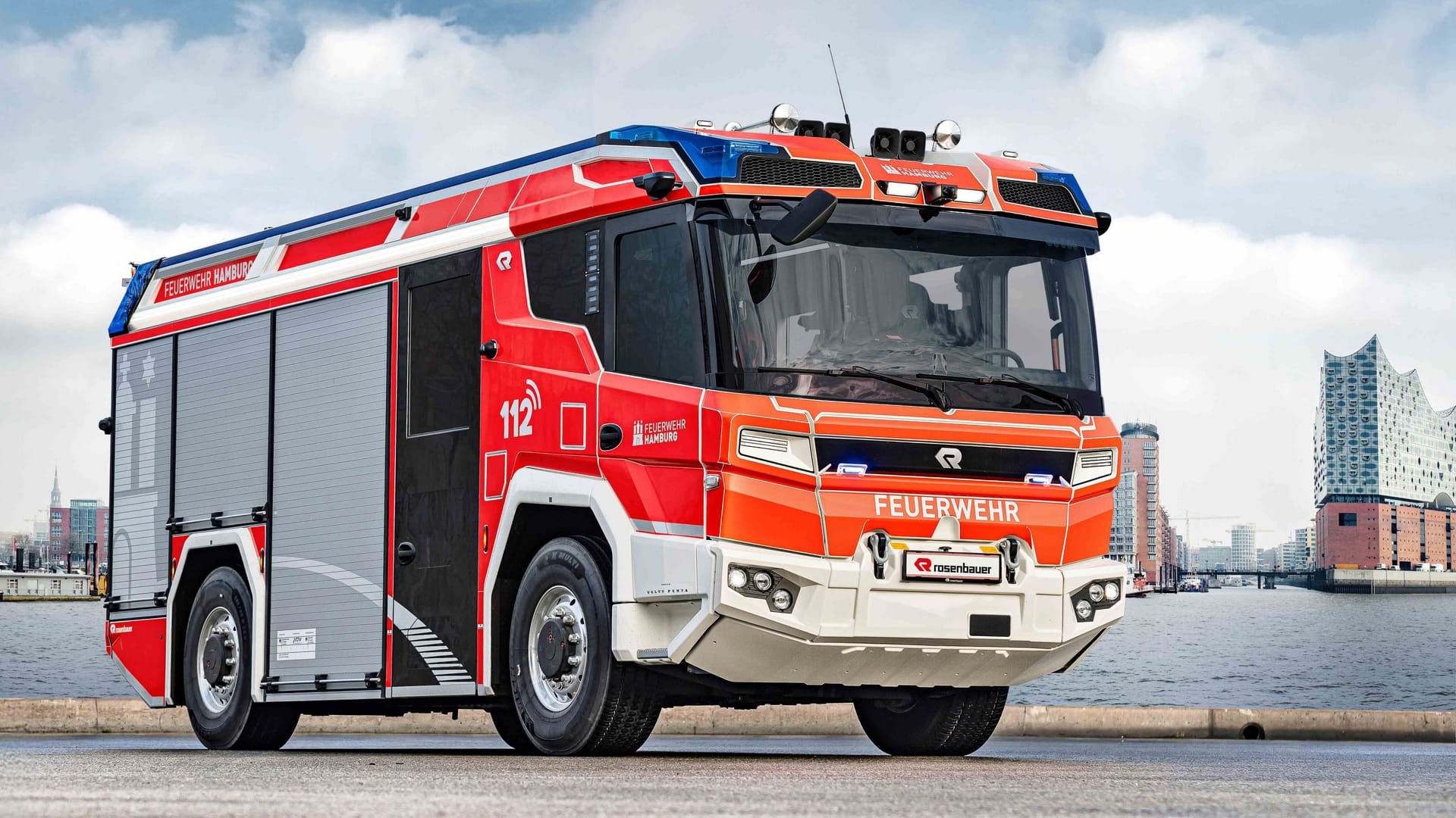 Das neue elektrische Hilfeleistungslöschgruppenfahrzeug der Feuerwehr Hamburg: Am Montag wurde es in der Hafencity präsentiert.