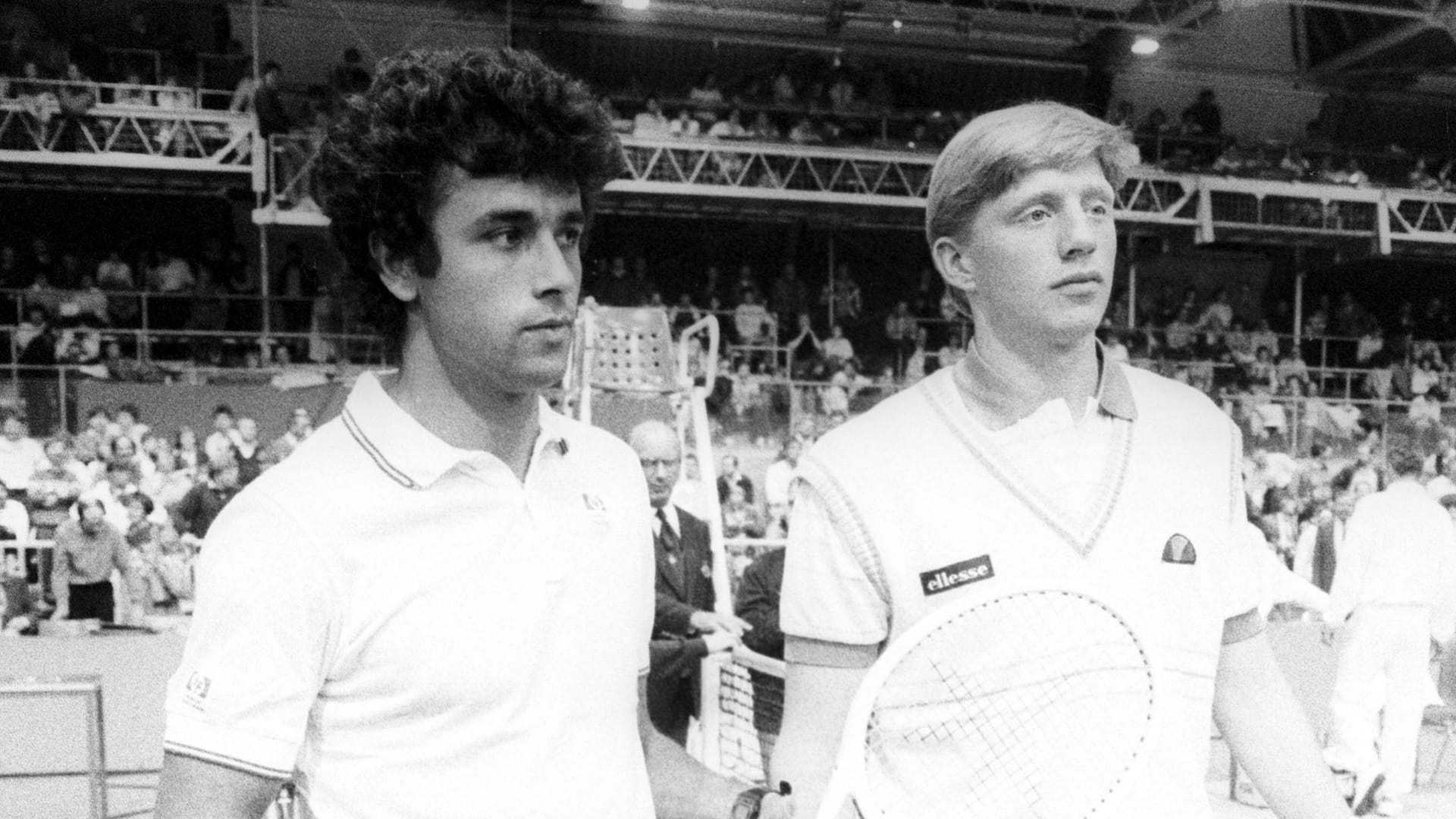 Juan Aguilera (l.) 1985 beim Davis-Cup-Match gegen den damals 17 Jahre jungen Boris Becker.