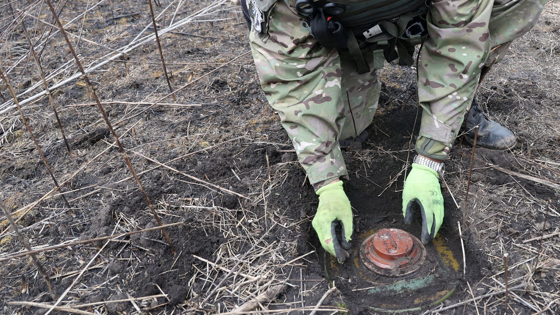 Ein ukrainischer Soldat gräbt eine Landmine aus (Symbolbild): In Litauen wird überlegt, solche Minen an den Grenzen zu Russland und Belarus zu verlegen.