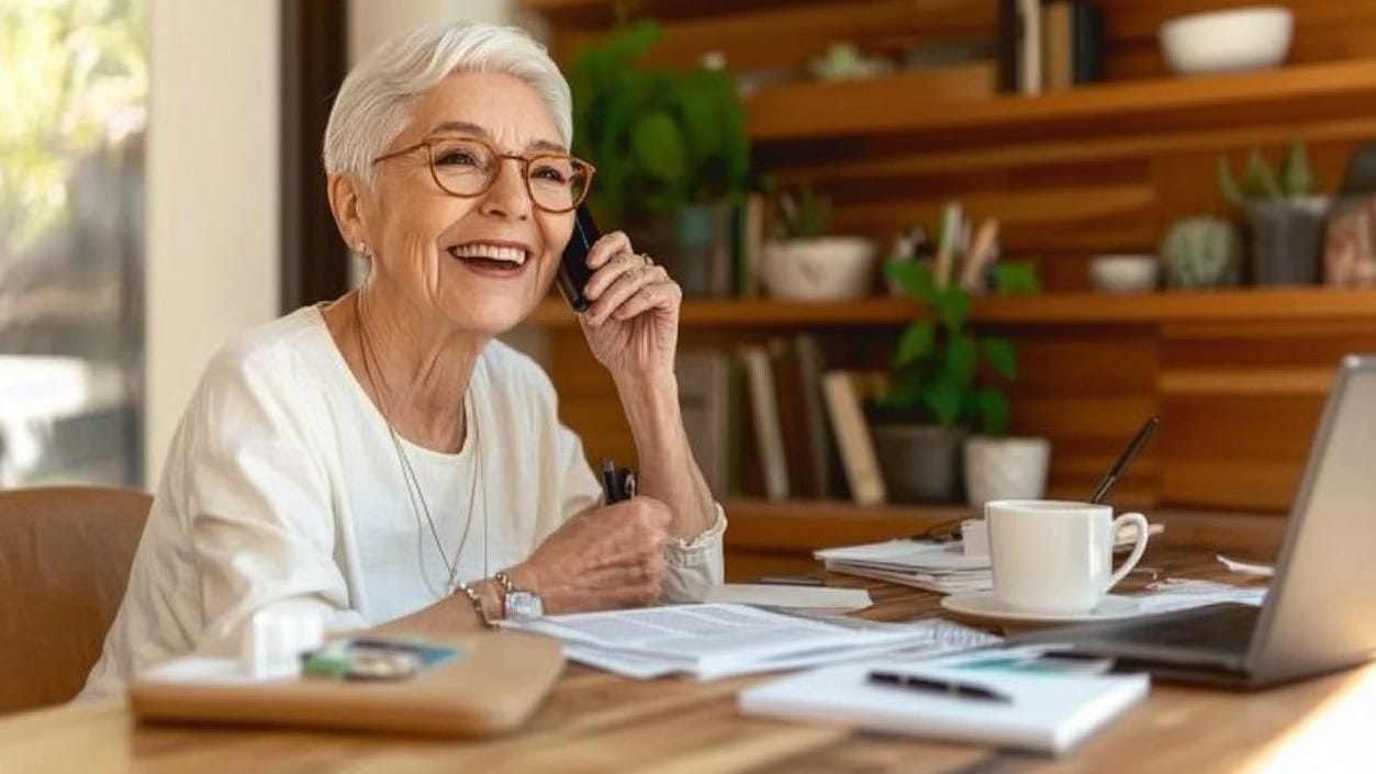 Seniorin sitzt am Schreibtisch zu Hause und telefoniert