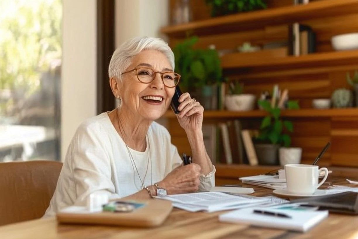 Seniorin sitzt am Schreibtisch zu Hause und telefoniert