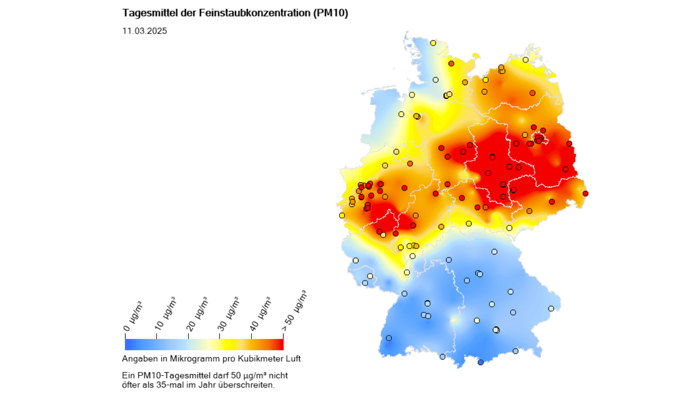 Feinstaub-Karte des Umweltbundesamtes vom 11. März 2025. Vor allem im Westen, im Rhein-Main-Gebiet, in der Mitte und im Osten Deutschlands sind hohe Feinstaubwerte verzeichnet.