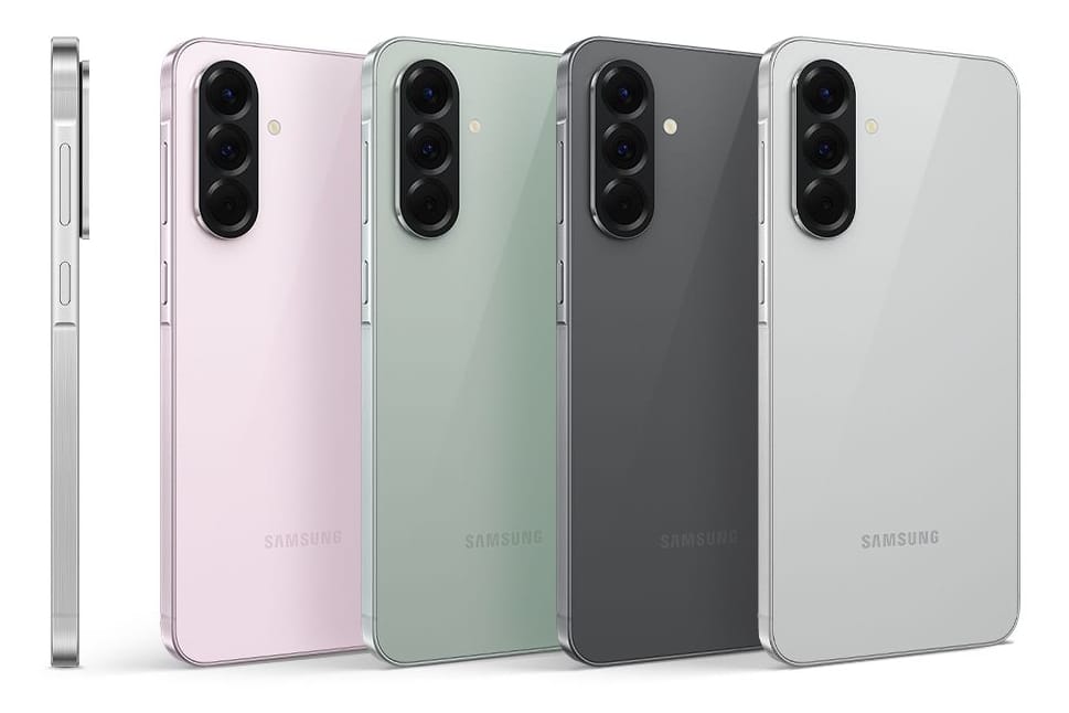 Galaxy A56: Samsungs neues Mittelklasse-Smartphone erscheint in den Farben Hell- und Dunkelgrau, Olivgrün und Pink.