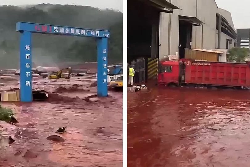 Durch Überschwemmungen einer Nickelmine färbte sich das Wasser blutrot.