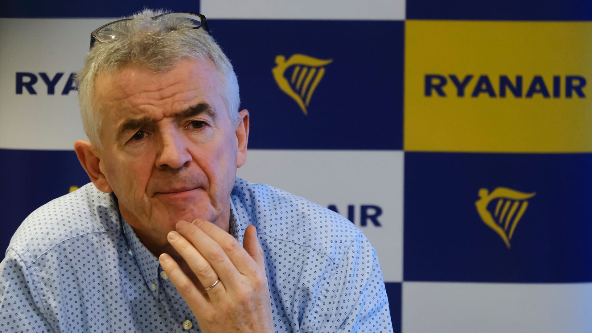 Irish low-cost airline Ryanair CEO Michael O'Leary addresses a press conference in Brussels, Belgium