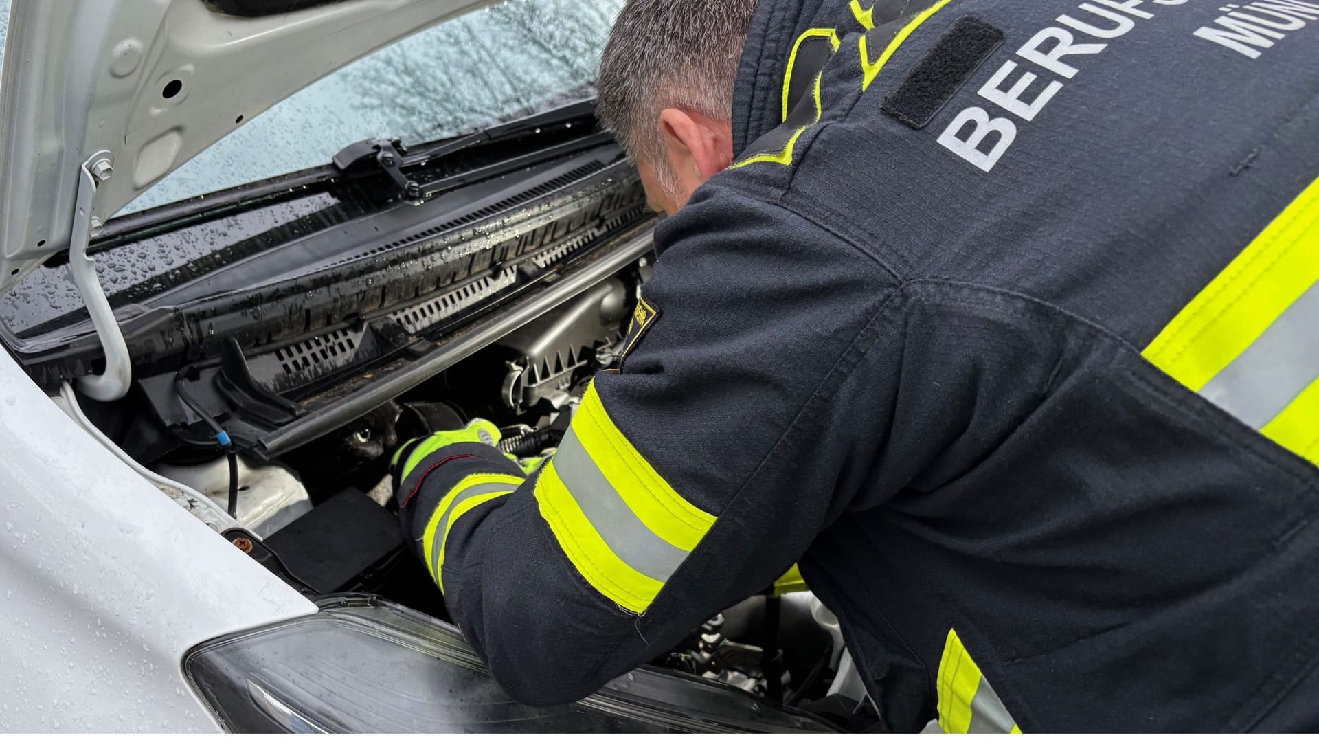 Ein Feuerwehrmann befreite die eingeklemmte Katze aus dem Motorraum eines Autos.