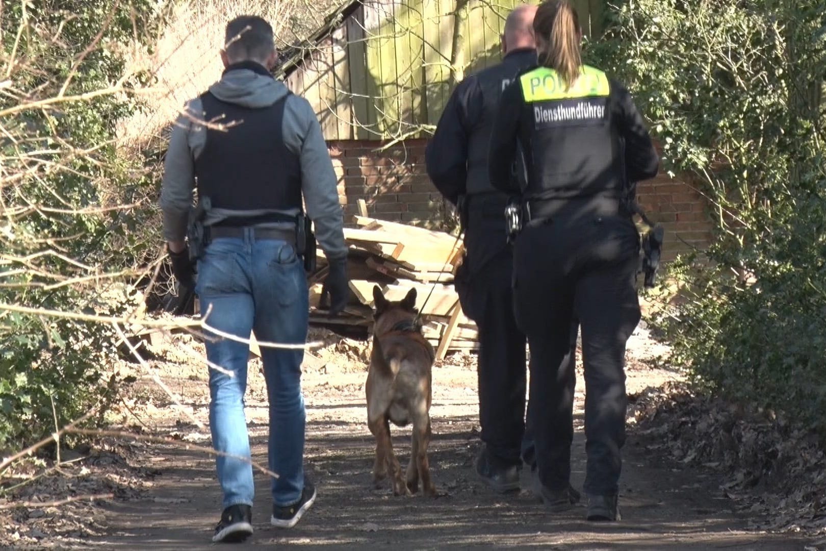 Polizisten mit Hund in der Nähe von Dinklage: Die Polizei stellte zwei flüchtige Männer in einem Waldstück.