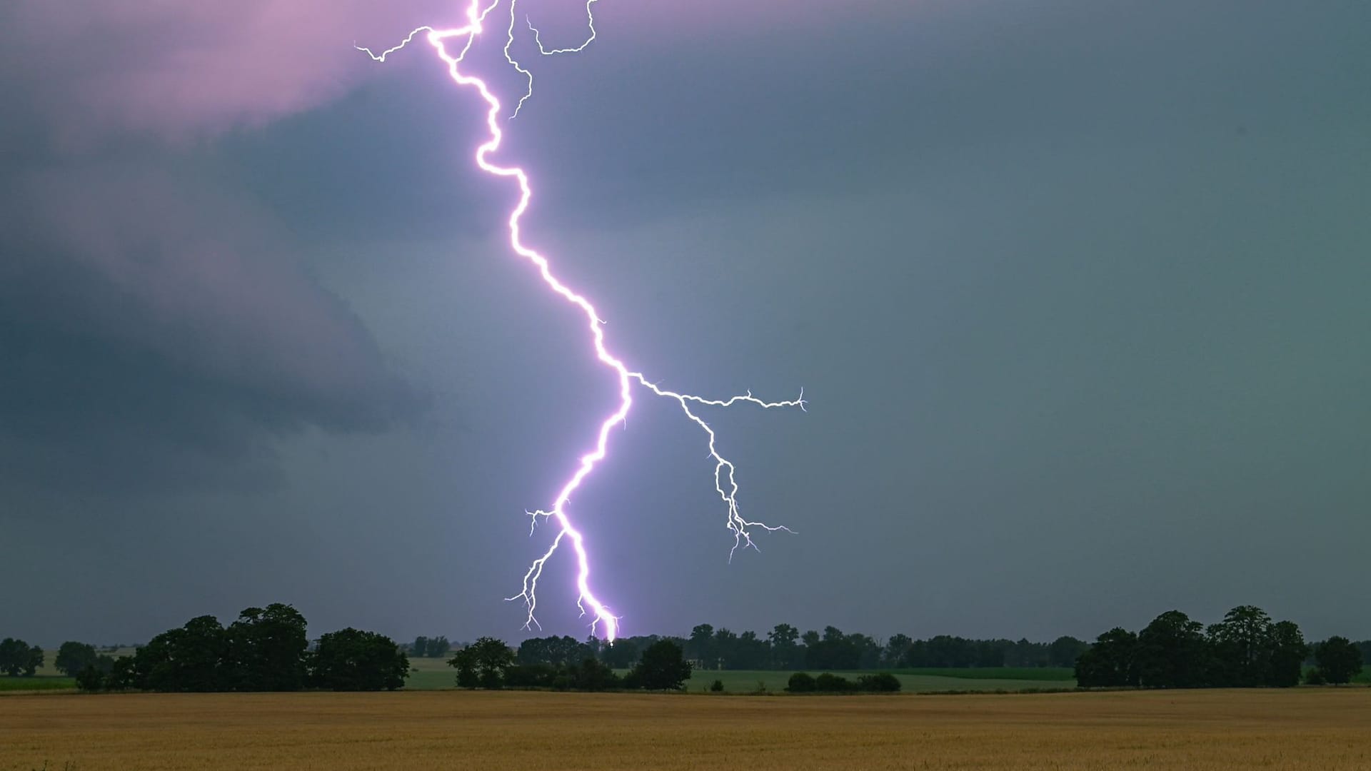 Gewitterblitz über einem Feld (Symbolbild): Am Wochenende wird ein Wetterumschwung mit starkem Regen und Gewittern erwartet.