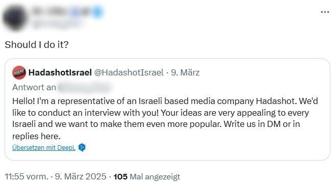Kontaktaufnahme: Die israelische Fake-Seite fragte X-Nutzer für Interviews an.