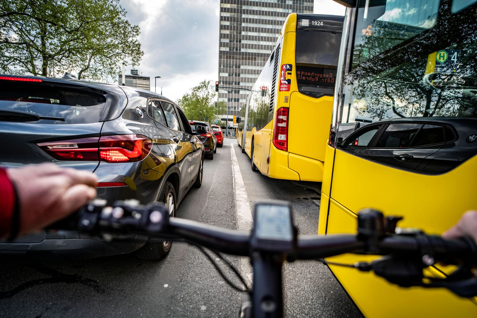 Radfahrer neben zwei Bussen (Symbolbild): In Dresden kam es zu einem Streit zwischen einem Rad- und einem Busfahrer.