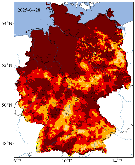 Dürremonitor in Deutschland (Stand 28.4.2025): In vielen Teilen des Landes herrscht im Oberboden eine außergewöhnliche Dürre.