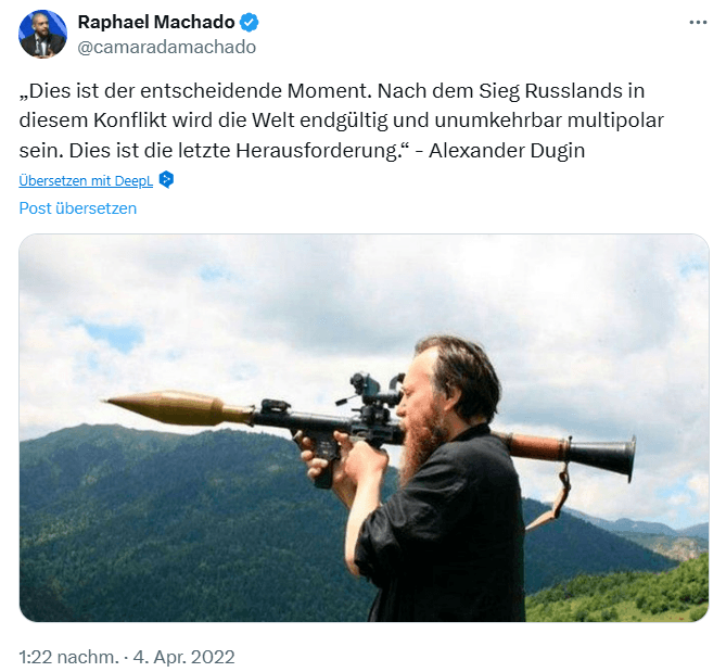 Kriegs- und siegeslüstern: Machado mit einem Zitat und einem Foto von Dugin.