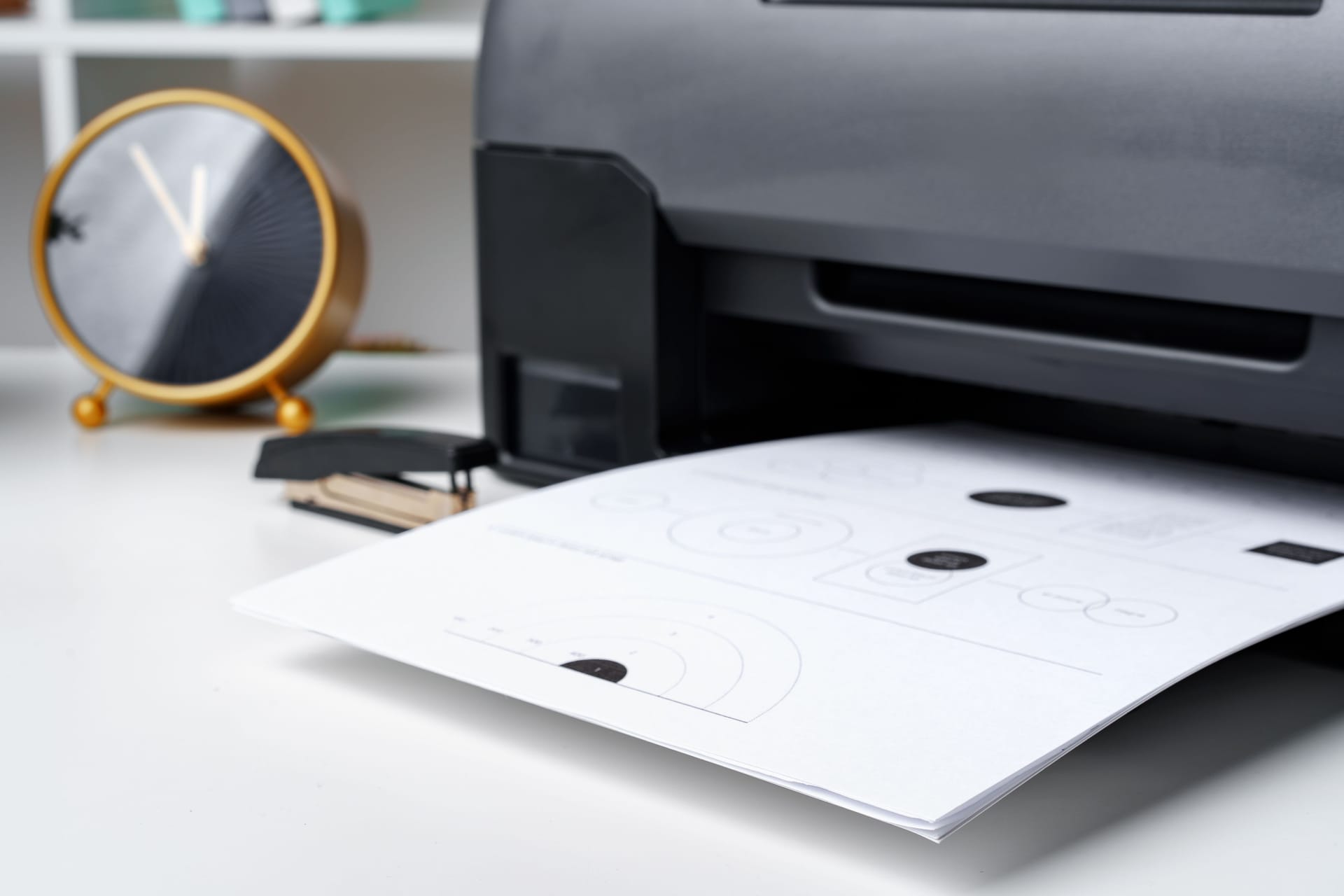 Workplace with modern printer and clock in the office