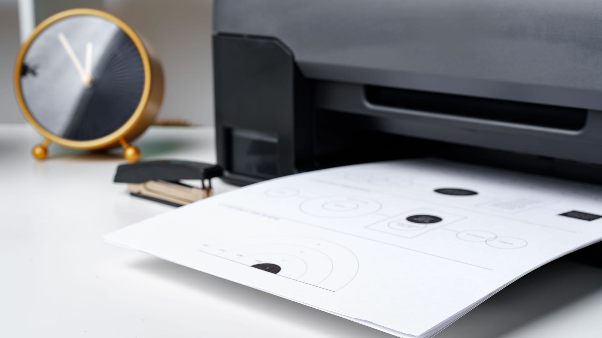 Workplace with modern printer and clock in the office
