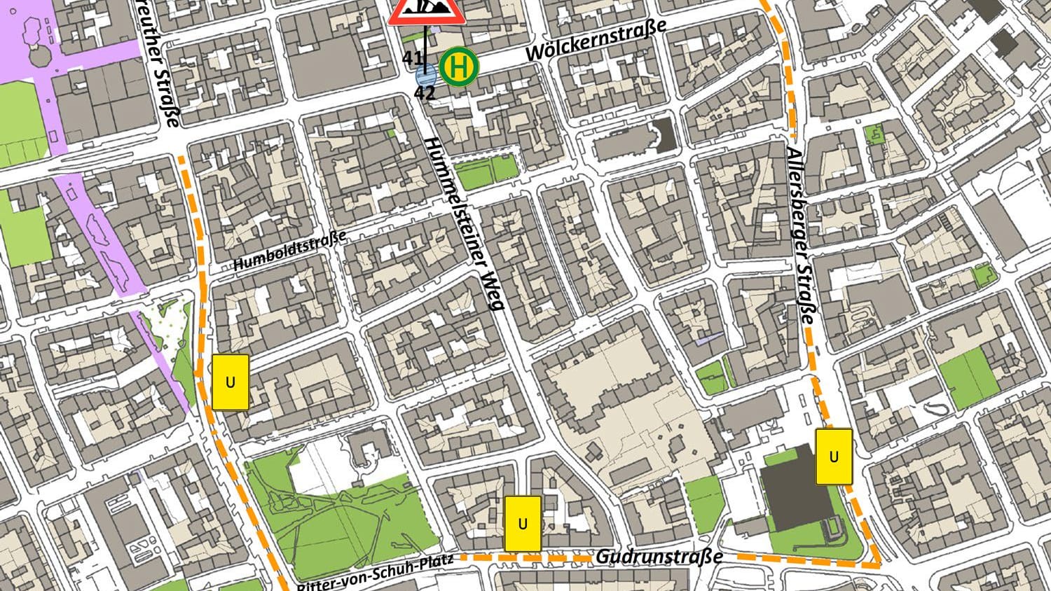 Die Baustelle (oben in der Mitte im Bild): Autofahrer werden über die Allersberger Straße, die Gudrunstraße, den Ritter-von-Schuh-Platz und die Pillenreuther Straße umgeleitet.