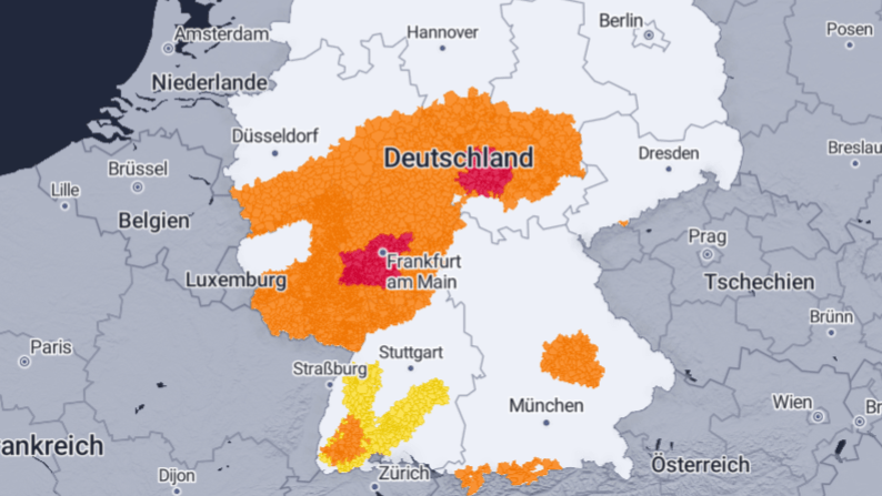 Unwetterkarte für Deutschland: Besonders in der Mitte des Landes kommt es zu Gewittern.