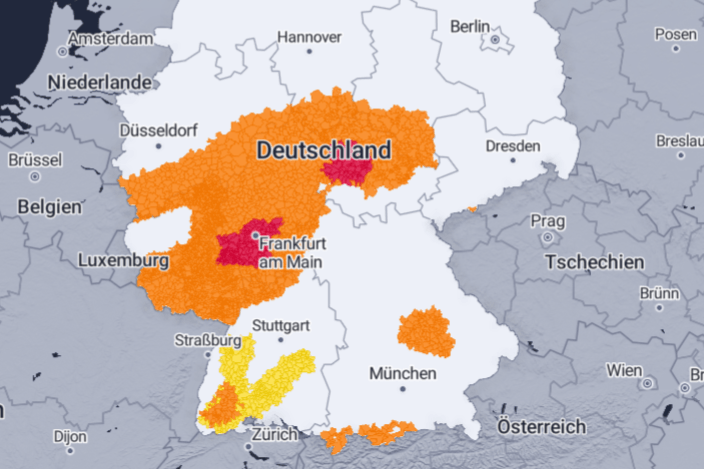Unwetterkarte für Deutschland: Besonders in der Mitte des Landes kommt es zu Gewittern.