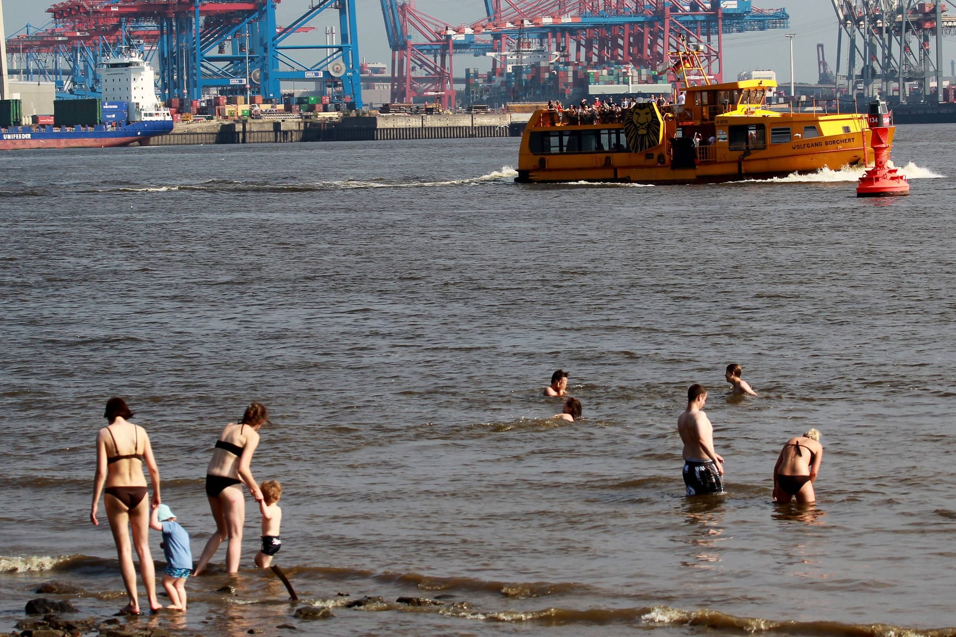 Badegäste am Elbstrand in Hamburg (Archivbild): Wer hier ins Wasser geht, bringt sich in Lebensgefahr.