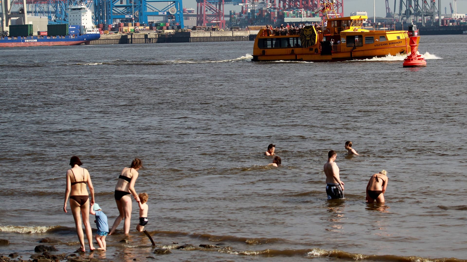Badegäste am Elbstrand in Hamburg (Archivbild): Wer hier ins Wasser geht, bringt sich in Lebensgefahr.