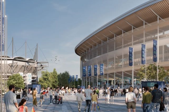 Direkt neben dem Volksparkstadion (l.): So könnte die neue Arena in Hamburg aussehen.