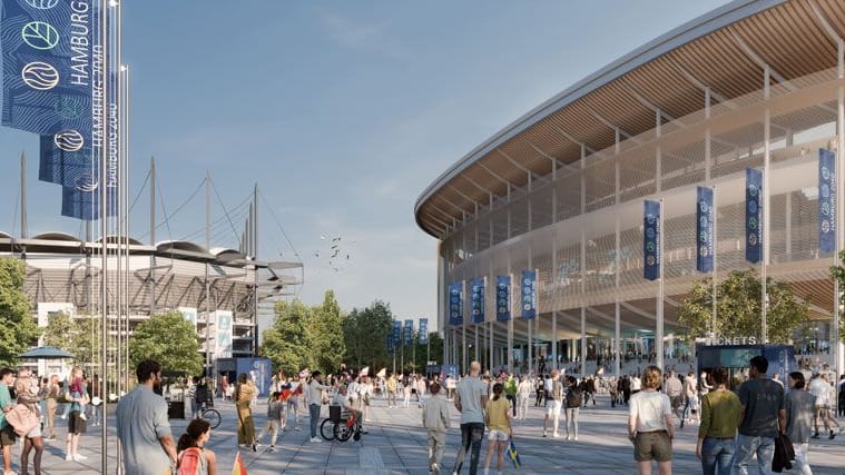 Direkt neben dem Volksparkstadion (l.): So könnte die neue Arena in Hamburg aussehen.