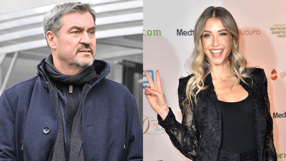 Markus Söder (l.) und Cathy Hummels (r.): Schmeckt dem Ministerpräsidenten, was ihm die Influencerin auftischt?
