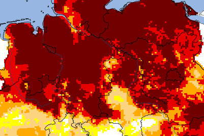 Wetterextrem: Ausmaß der Dürre im Oberboden am 11. Mai 2025. Der Sommer 2055 droht noch heißer zu werden als der Jahrhundertsommer 2003.
