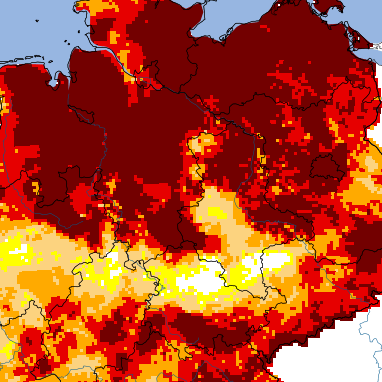 Wetterextrem: Ausmaß der Dürre im Oberboden am 11. Mai 2025. Der Sommer 2055 droht noch heißer zu werden als der Jahrhundertsommer 2003.