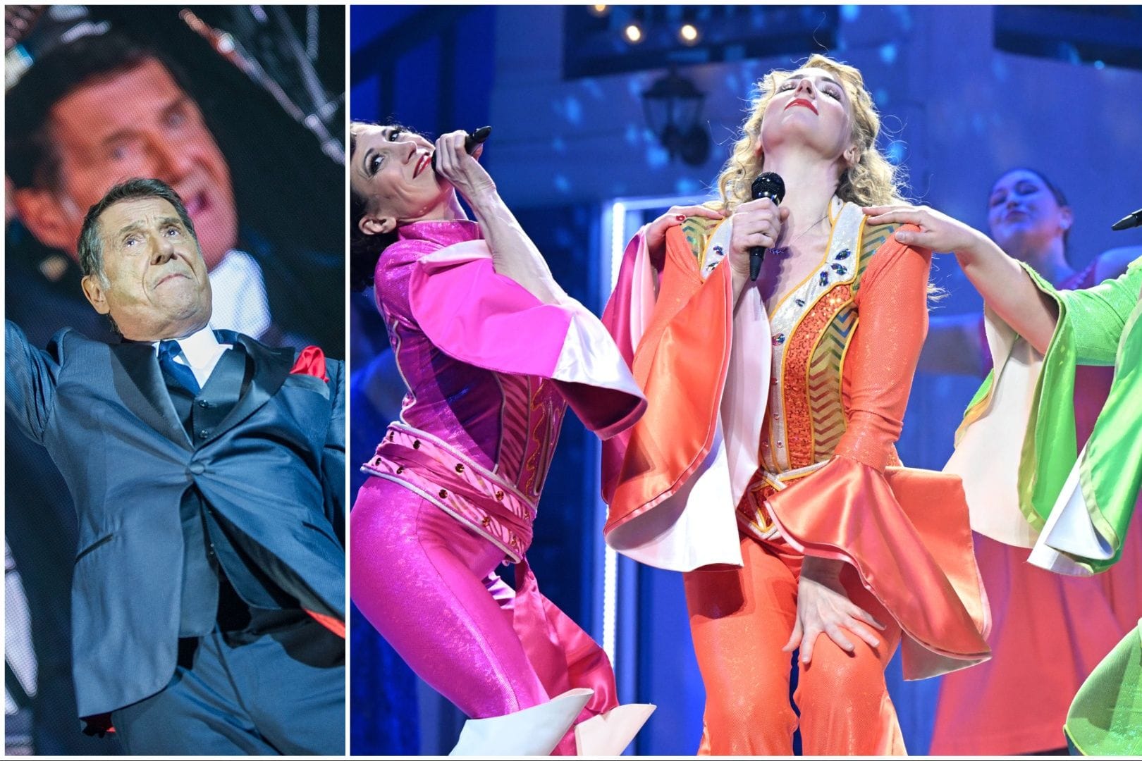 Udo Jürgens und Darstellerinnen im Musical "Mamma Mia!" (Collage): Ihre Songs stehen im Mittelpunkt des Konzerts.