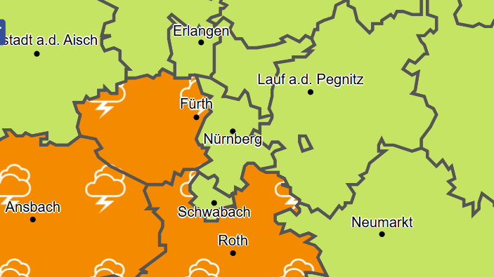 Warnkarte des Deutschen Wetterdienstes (DWD): In Franken ziehen am Mittwochnachmittag schwere Gewitter durch. Warnkarte des Deutschen Wetterdienstes (DWD): In Franken ziehen am Mittwochnachmittag schwere Gewitter durch.