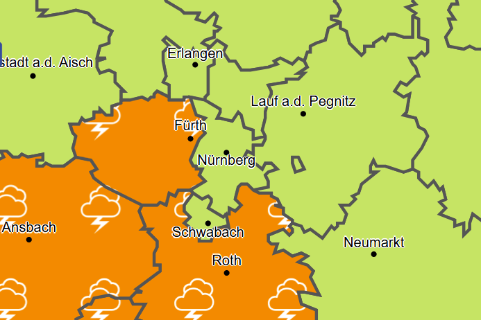 Warnkarte des Deutschen Wetterdienstes (DWD): In Franken ziehen am Mittwochnachmittag schwere Gewitter durch. Warnkarte des Deutschen Wetterdienstes (DWD): In Franken ziehen am Mittwochnachmittag schwere Gewitter durch.