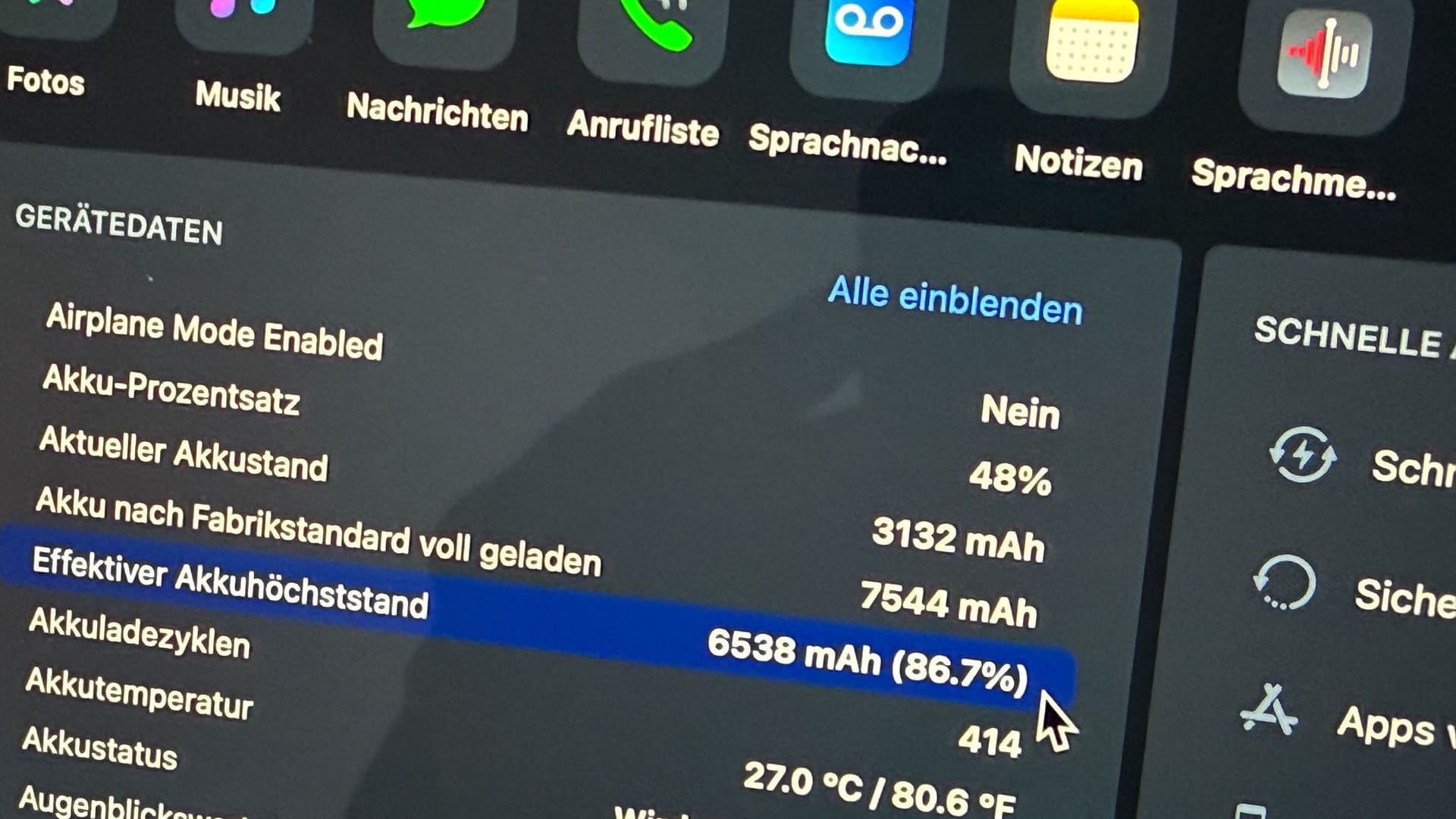 iPad-Gerätedaten zum Akkuzustand