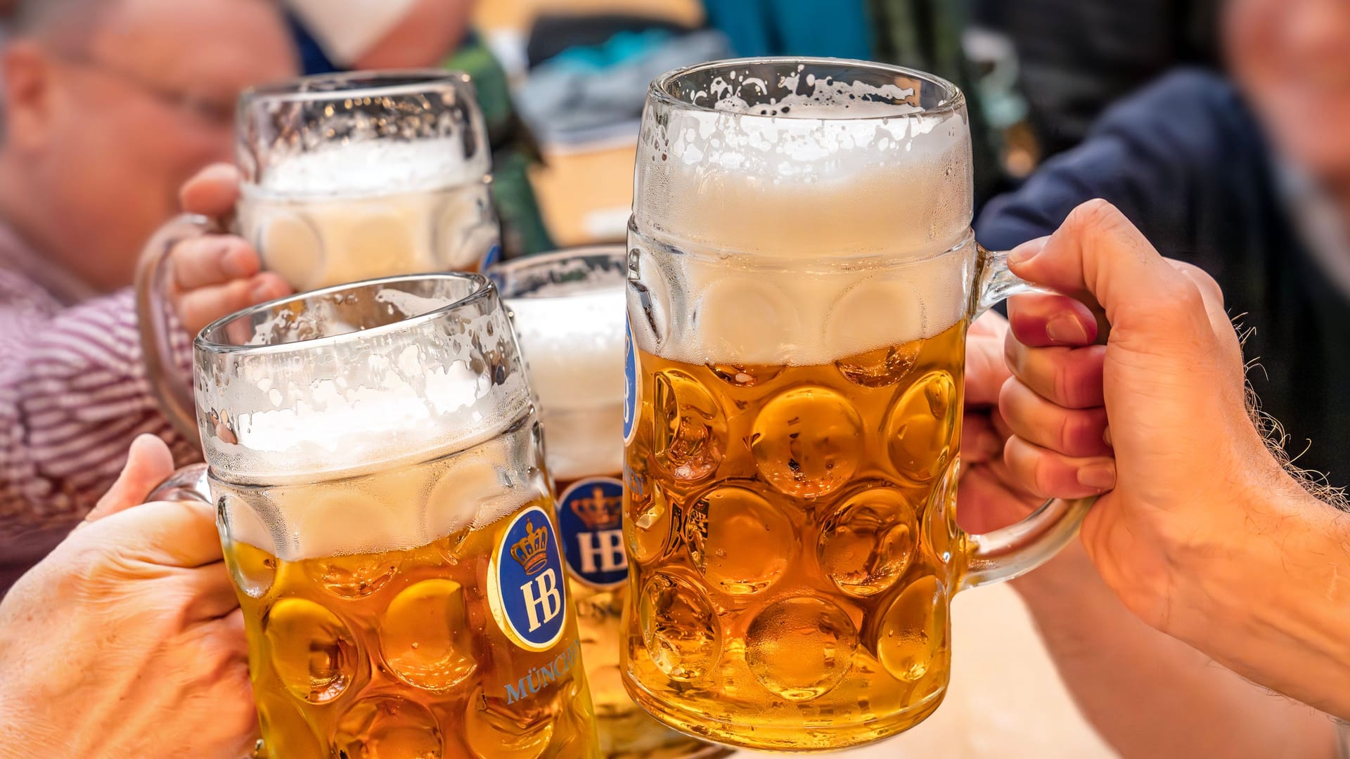 Wiesnbesucher stoßen im Hofbräu-Festzelt mit ihrer Maß Bier an. (Symbolfoto)