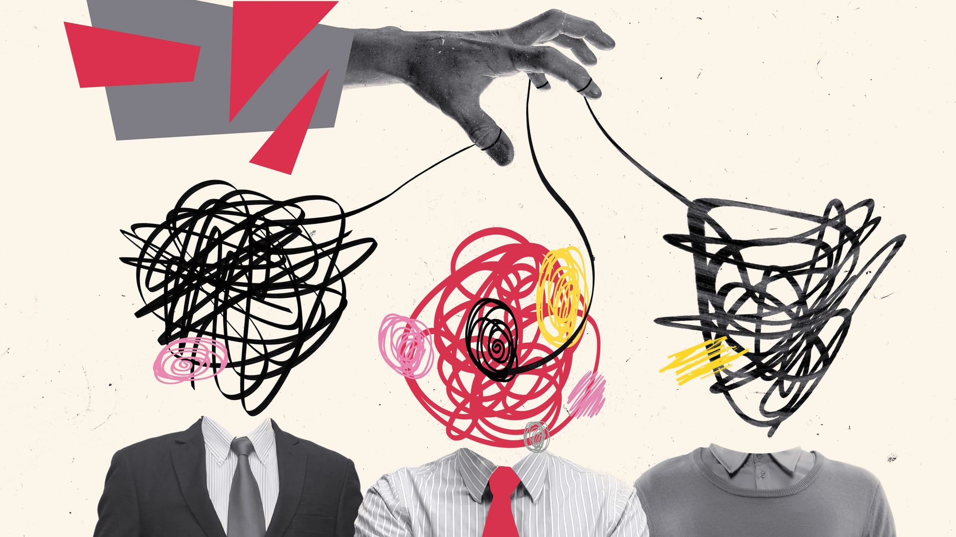 Collage. Contemporary artwork. Three man in official clothes with tangled head being controlled by hand. Professional manipulation Collage. Contemporary artwork. Three man in official clothes with tangled head being controlled by hand. Professional manipulation