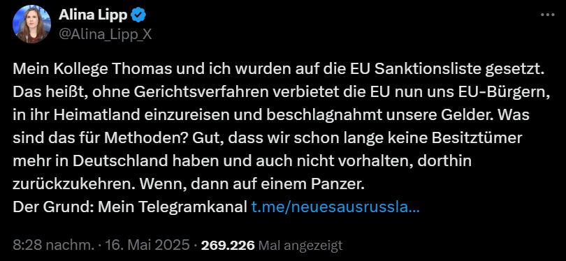 "Auf einem Panzer": Alina Lipp auf X zu der Vorstellung, wann sie aus Russland nahc Deutschland zurückkehren könnte.