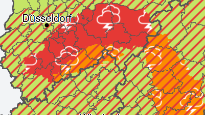 Die Warnkarte des Deutschen Wetterdienstes (Stand 16 Uhr): Weite Teile von Nordrhein-Westfalen sind rot eingefärbt.