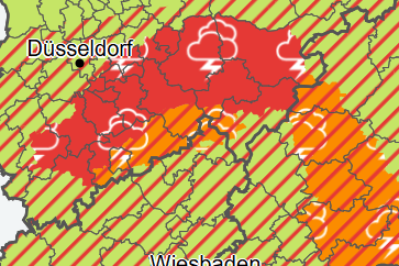 Die Warnkarte des Deutschen Wetterdienstes (Stand 16 Uhr): Weite Teile von Nordrhein-Westfalen sind rot eingefärbt.