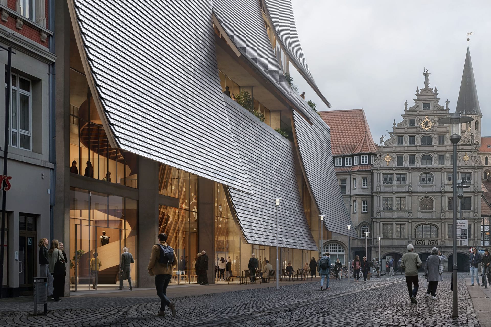 Das neue Haus der Musik in der Poststraße: Der Entwurf greift die alte Karstadt-Fassade modern auf.
