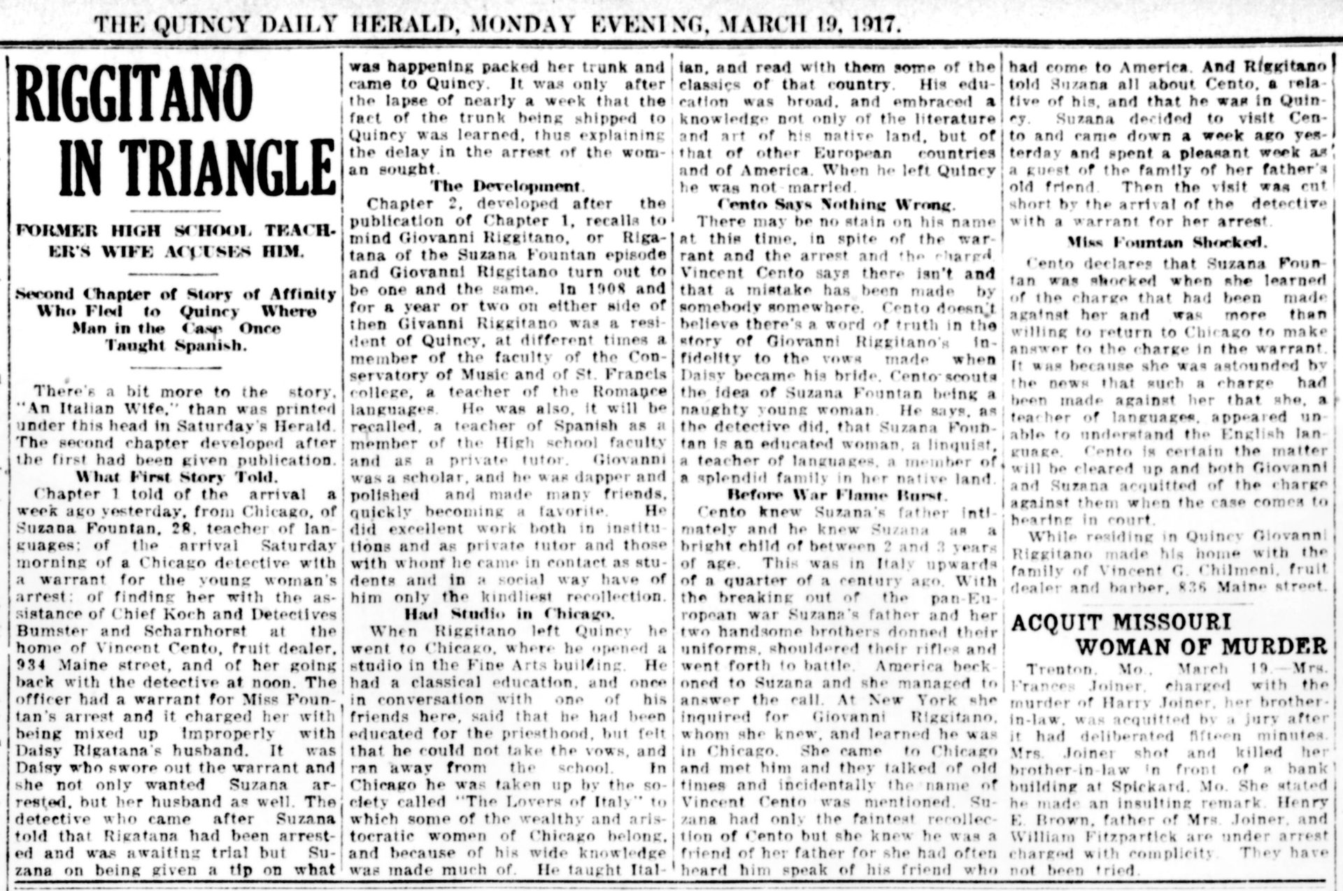 "The Quincy Daily Herald" von 1917: Über John Riggitano wird wegen Ehebruchs berichtet.