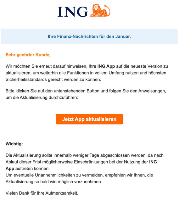 Die Betrugs-Mail enthält einen auffällig großen Button zum Anklicken.
