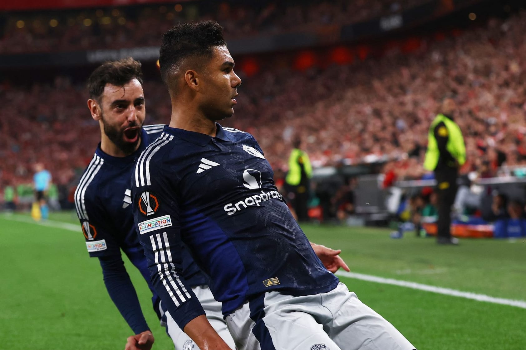 Bruno Fernandes (l.) und Casemiro: Beide United-Profis konnten gegen Bilbao über einen Treffer jubeln.